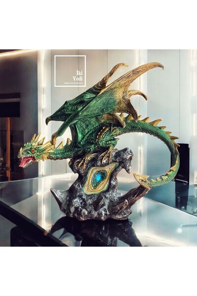77 Dragon 77-1 Büyük Ejderha Figürü Ledli Işıklı Dekoratif Yeşil Ejderha Heykeli Fantastik Ofis Dekoru