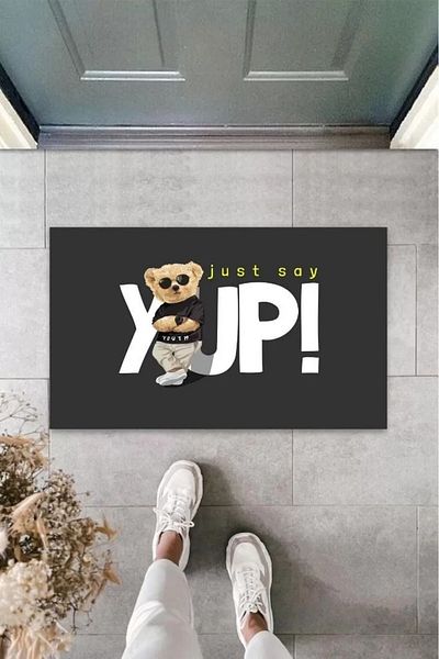 Mu Art Ahşap Black Door Mat Just Say Yup Teddy Bear Pattern K-3340
