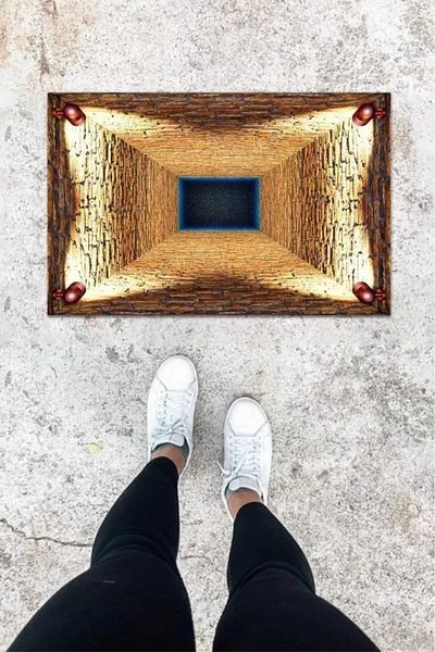 Mu Art Ahşap Digital Printing Brown Well Pattern Door Mat K-1047