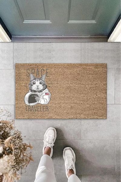 Mu Art Ahşap Digital Print Brown Space Traveler Astronaut Cat Decorative Door Mat K-2034