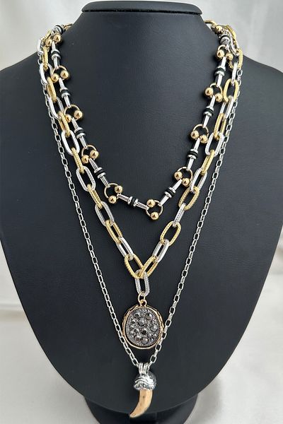 Modex Ivory Stone Detail Multi Layer Vintage Design Necklace