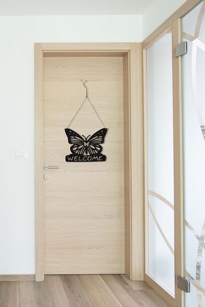 Kutaydan Welcome Written Butterfly Figured Mdf Laser Cut Door and Wall Decoration - Rebap Ahşap