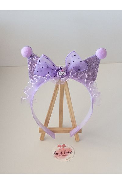 Sweet twins accessories Kuromi Girl's Crown Sparkling Tulle Bow Pompom Purple Girl's Crown