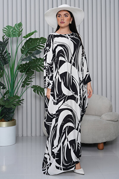 EL jadida Γυναικείο Μακρύ Φόρεμα Βισκόζης Oversize με σχέδιο Μαύρο