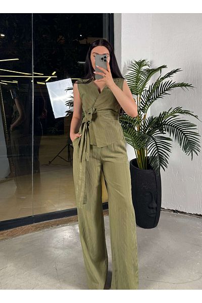 missswans Sendy Fabric Patterned Trousers Khaki Green