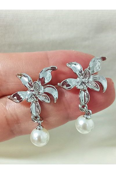 mos&more Silver Pearl Dangle Elegant Women's Earrings