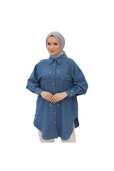 Armine Women's Shirt Collar Front Stone Patterned Tunic