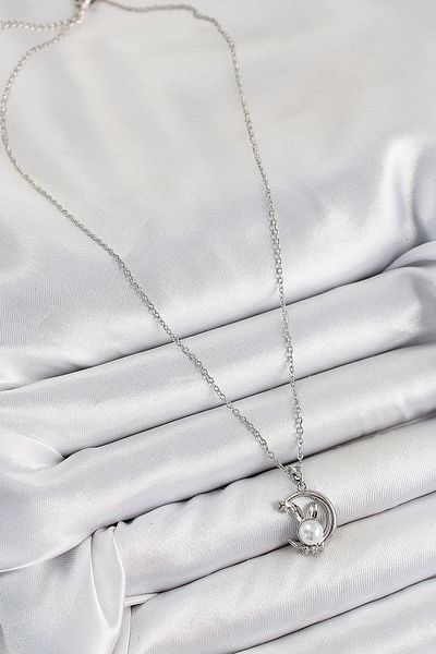Generic 316L Steel Pearl Detailed Crescent Rabbit Model Silver Color Women's Necklace