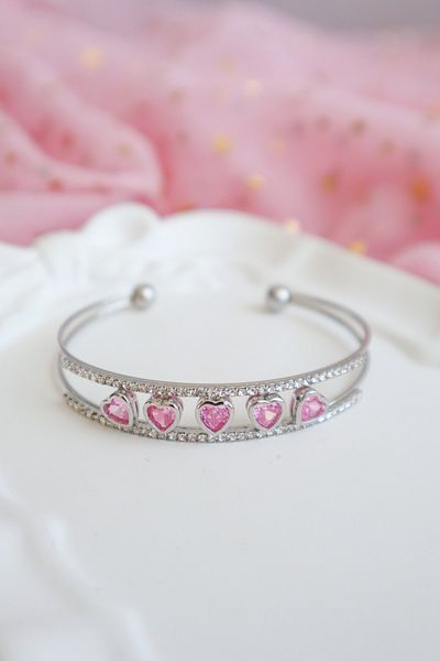 EFBUTİK Silver Pink Stone Row Heart Clamp Bracelet
