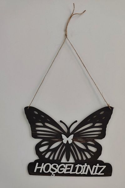Kutaydan Welcome Written Butterfly Figured Mdf Laser Cut Door and Wall Ornament - Rebap Ahşap