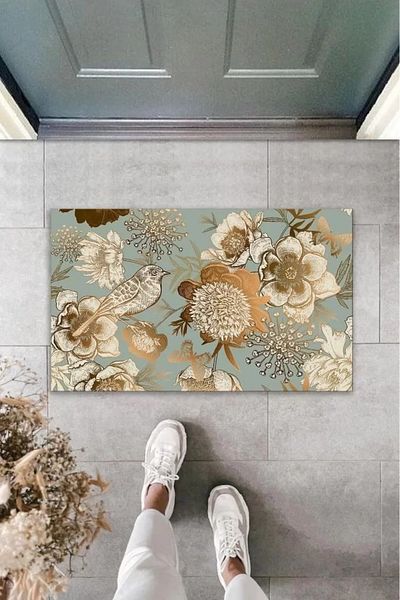 Mu Art Ahşap Decorative Digital Print Turquoise-Gold Bird Outdoor Floor Mat K-2100