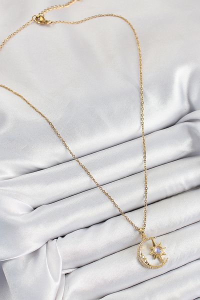 Clariss 316L Steel Zircon Stone Pole Star Crescent Model Gold Color Women's Necklace