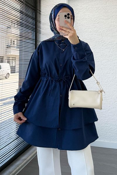 MELEK ARAZ Waist-Tie Double Layer Flounce Tunic - Navy Blue