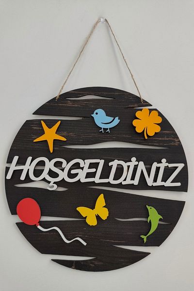 Kutaydan Welcome Written Round Mdf Laser Cut Door and Wall Decoration - Rebap Ahşap