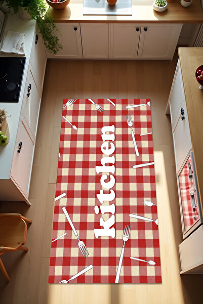 Liriya Dijital Baskı Kırmızı Krem Karo Desenli Kaymaz Taban Leke Tutmaz Yıkanabilir Mutfak Halısı ve Yolluk