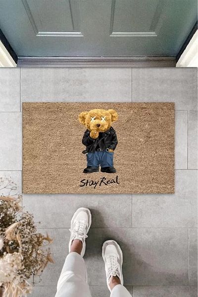 Mu Art Ahşap Beige Door Mat Stay Real Teddy Bear Pattern K-3331