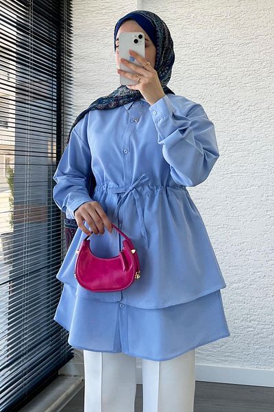MELEK ARAZ Waist-Tie Double Layer Flounce Tunic - Blue