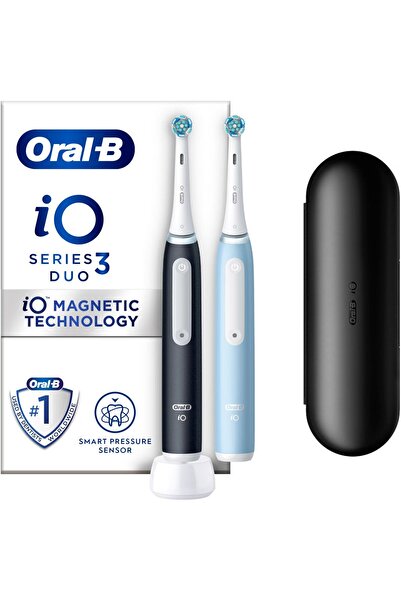 Oral-B Set de 2 periuțe de dinți electrice iO3, senzor inteligent de presiune, 2 capete, kit de călătorie, negru/albastru