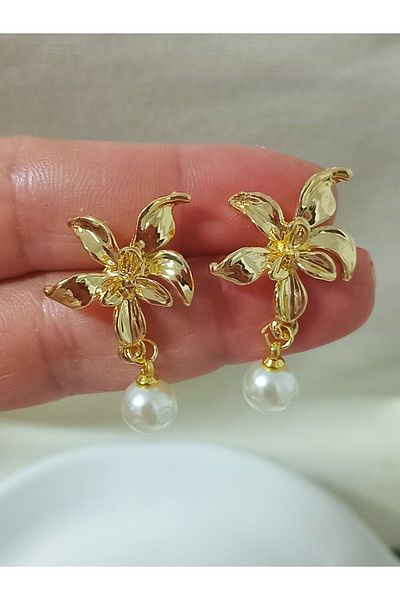 mos&more Gold Pearl Dangle Elegant Women's Earrings