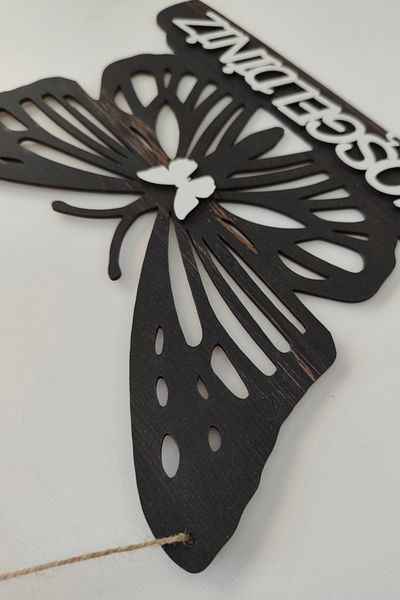 Kutaydan Welcome Written Butterfly Figured Mdf Laser Cut Door and Wall Ornament - Rebap Ahşap