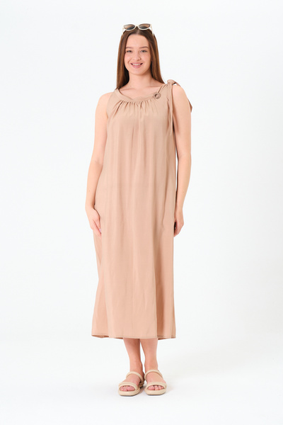 Sortie Collection Women's Shoulder Tie, Drawstring Carmen Collar, Sleeveless, Double Pockets, Cupro Fabric Beige Long Dress