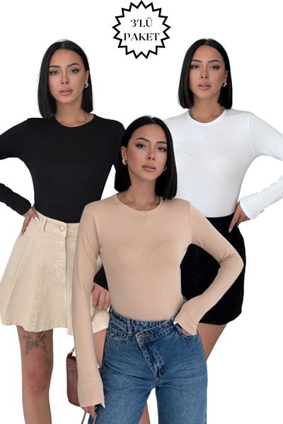 Lunamiratto Women's 3-Piece Long Sleeve Cycling Body Black White Beige Crew Neck Body Cotton Badi 3Pcs Economical