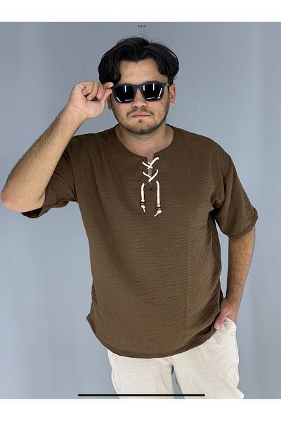 MARESHAL Cotton Muslin Pear Collar Lace Detailed T-Shirt (Coffee)