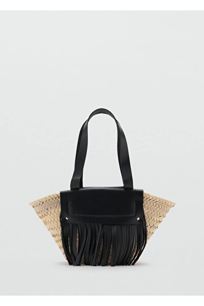 MANGO Woman Küçük boy doğal elyaf deri püsküllü hasır çanta