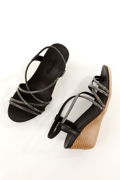 Modabuymus Coska Black Genuine Leather Sandals Wedge Heels Silver Stone Evening Dress Shoes