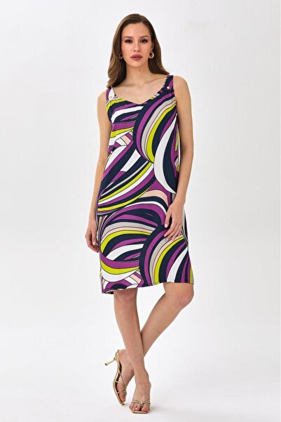 İKİLER Askılı Kolsuz Desenli Elbise 025-4048