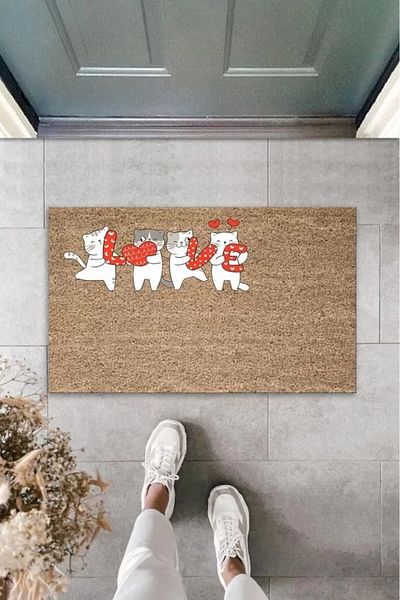 Mu Art Ahşap Digital Printing White Cats Holding Brown Love Letters Decorative Door Mat K-2066