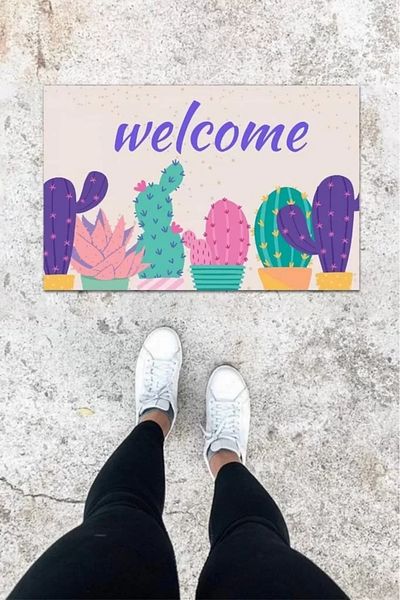 Mu Art Ahşap Digital Printing Purple Cactus Pattern Door Mat K-1013