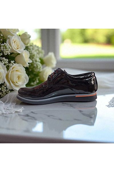 fikret bağcı Men's Patent Leather Lace-Up Face Laser Printed Henna Wedding Special Day Thermo Non-Slip Sole Shoes