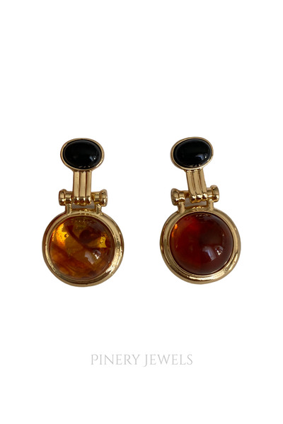 Pinery Jewels Yuvarlak Kesim Siyah Kahverengi Taşlı Küpe Çifti 3 Cm