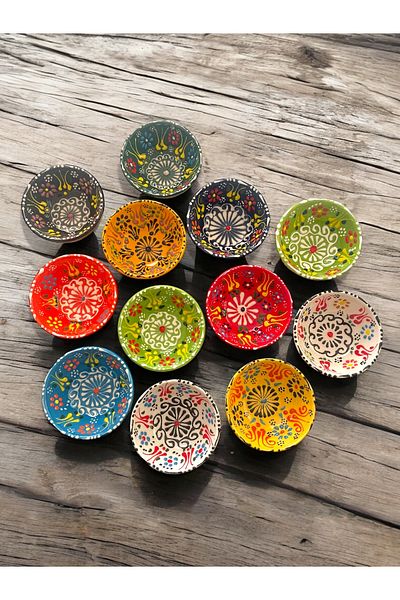 Artistic Quality Decorative Tulip Evil Eye Bead Embroidered Tile Ceramic Sauce Bowl - Snack Bowl - Breakfast Bowl 16 Pieces