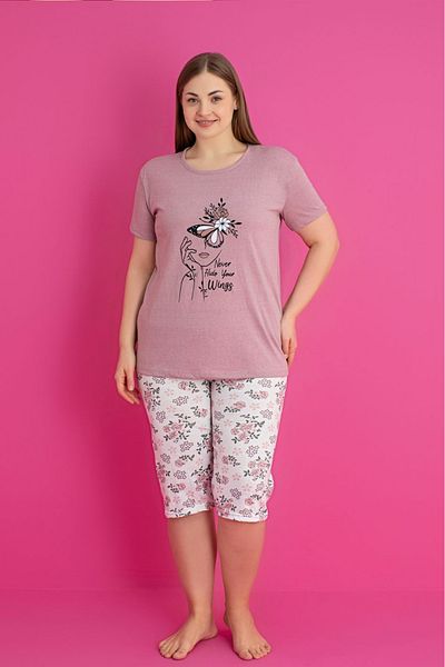 Farya Home Plus Size Cotton Patterned Short Sleeve Bermuda Capri Suit