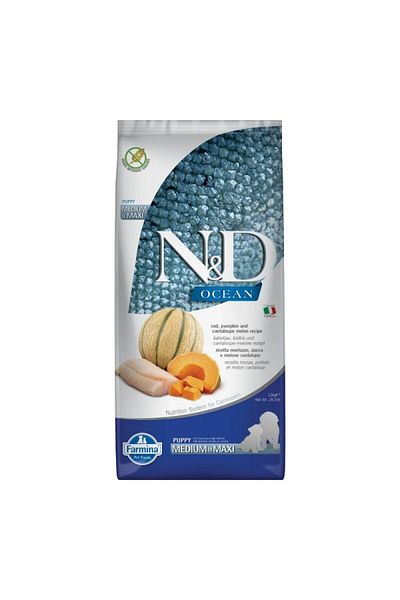 N&D Hrană uscată pentru câini N&D Ocean Puppy Medium Maxi cu cod, dovleac și pepene galben, 12 kg