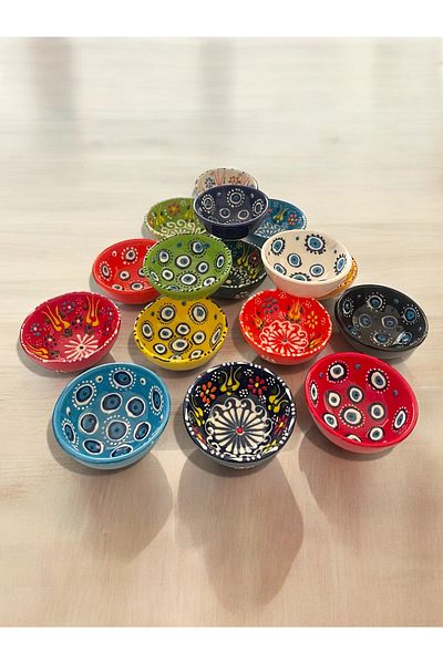 Artistic Quality Decorative Tulip Evil Eye Bead Embroidered Tile Ceramic Sauce Bowl - Snack Bowl - Breakfast Bowl 16 Pieces