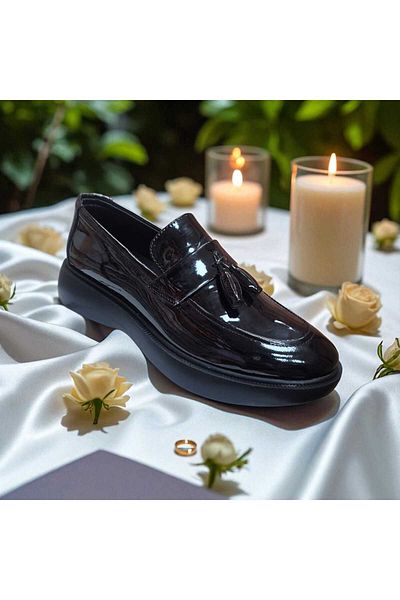 fikret bağcı Men's Patent Leather Lace-Up Face Laser Printed Henna Wedding Special Day Poly Light High Sole Shoes