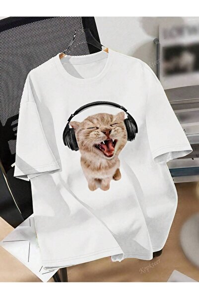 SVART WEAR تي شيرت مطبوع عليه سماعة رأس على شكل قطة مقاس كبير باللون الأبيض