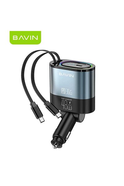 Bavin PC2083 48W 4-in-1 Fast Car Charger with Built-in Retractable 90cm Type-C and iPhone Cables