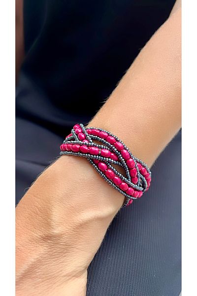 Kutcha Accessories Multi Strand Pink Beaded Knitted Design Handmade Bracelet