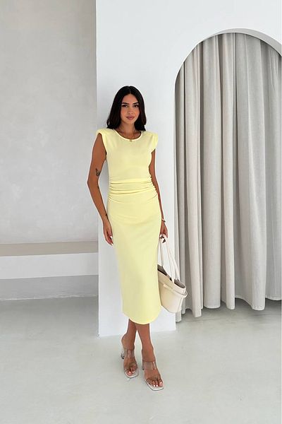 Neşeli Butik Women Draped Yellow Midi Dress Nbk4246