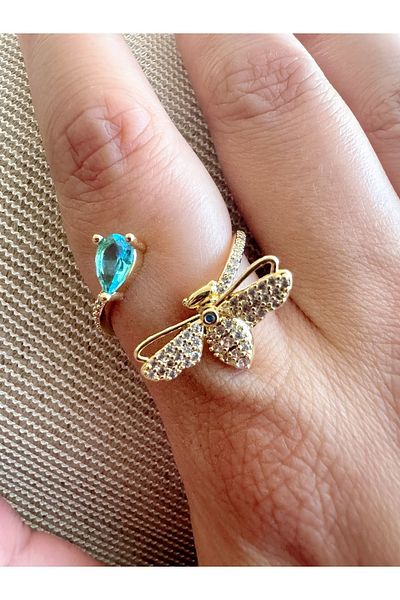 Gümüş sandık Colorful Stone Bee Themed Adjustable Ring