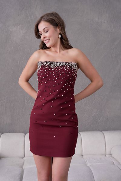Neşeli Butik Women Strapless Burgundy Pearl Detail Mini Evening Dress Nbs9370