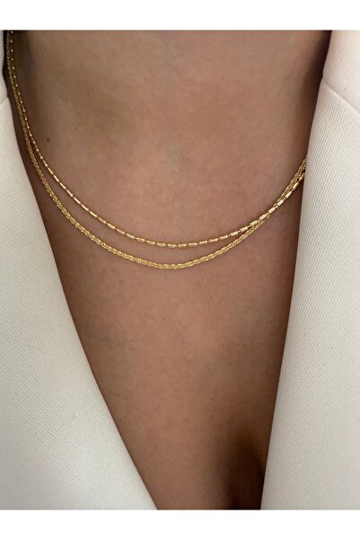 LUSORA ACCESORY قلادة نسائية بسلسلة مزدوجة من الفولاذ باللون الذهبي - تصميم ط...