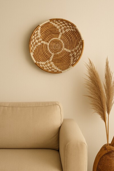 oceanpoint Yuvarlak Duvar Dekoru, Doğal Lif, El Örgüsü, 40 cm, Geometrik Dese...