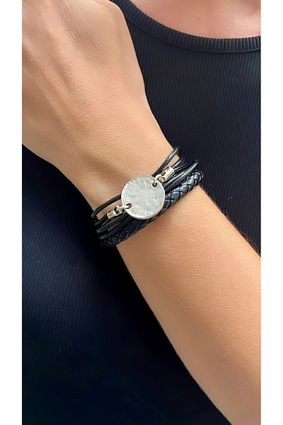 Kutcha Accessories Black Multi-Layered Leather Look Bracelet – Handmade Design with Metal Circle Detail