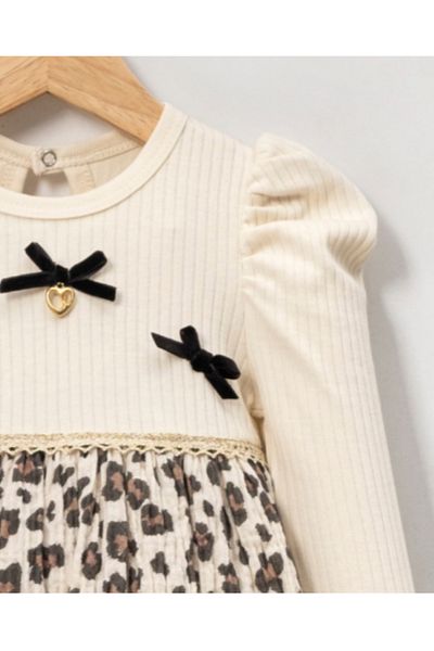cayzen Luvvera Baby Girl Long Sleeve Leopard Print Dress – Bow and Gold Heart Accessory Detail