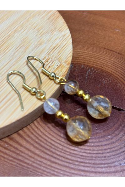 ayrestyle Natural Stone Dangle Women's Earrings – Citrine Faceted Cut – Gold Hook 4.5 cm